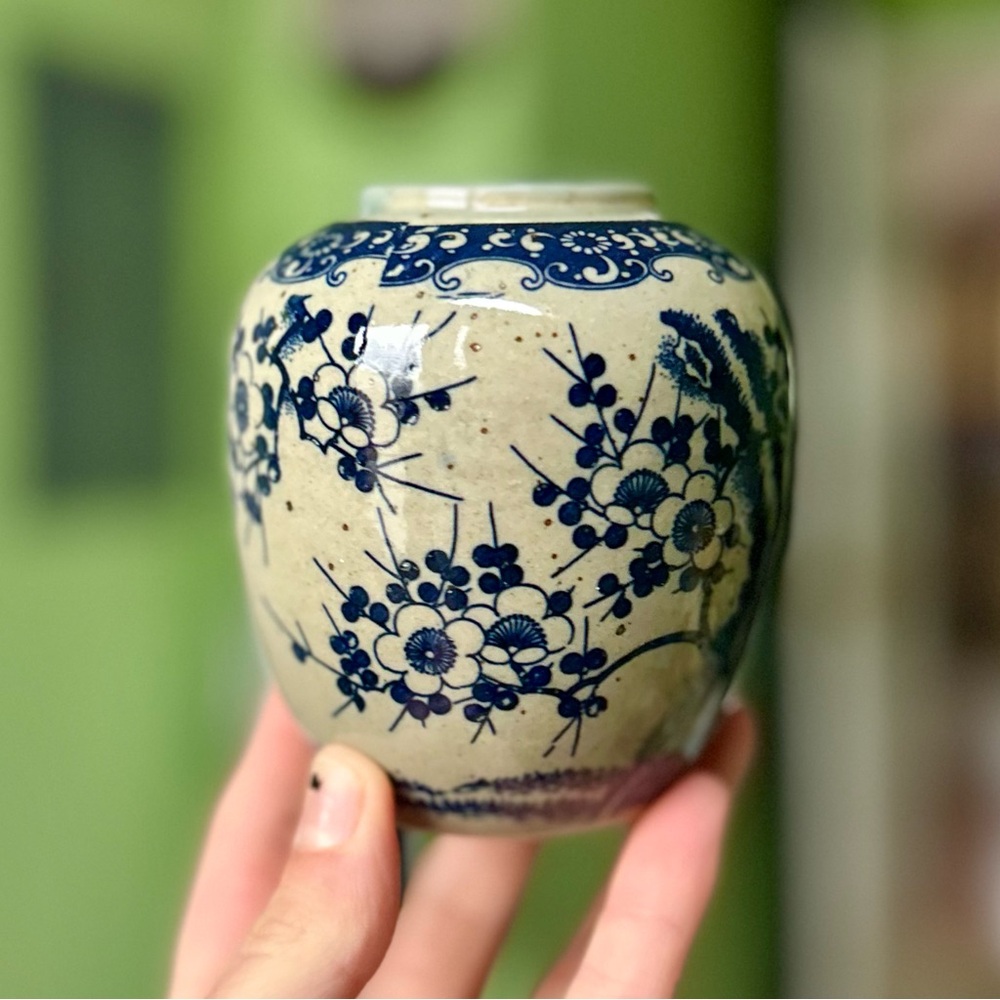 Vintage Navy Floral Pottery Oriental Mini Indoor Planter Vase Home Decor Accent - Picture 4 of 10